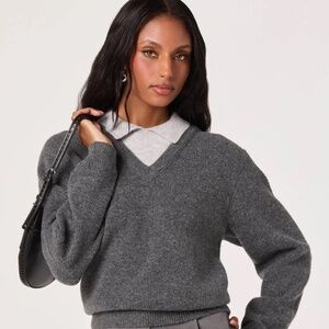 Grey Knit Sweater V-Neck Ribbed Collar Long Sleeve Size S ASTR The Label